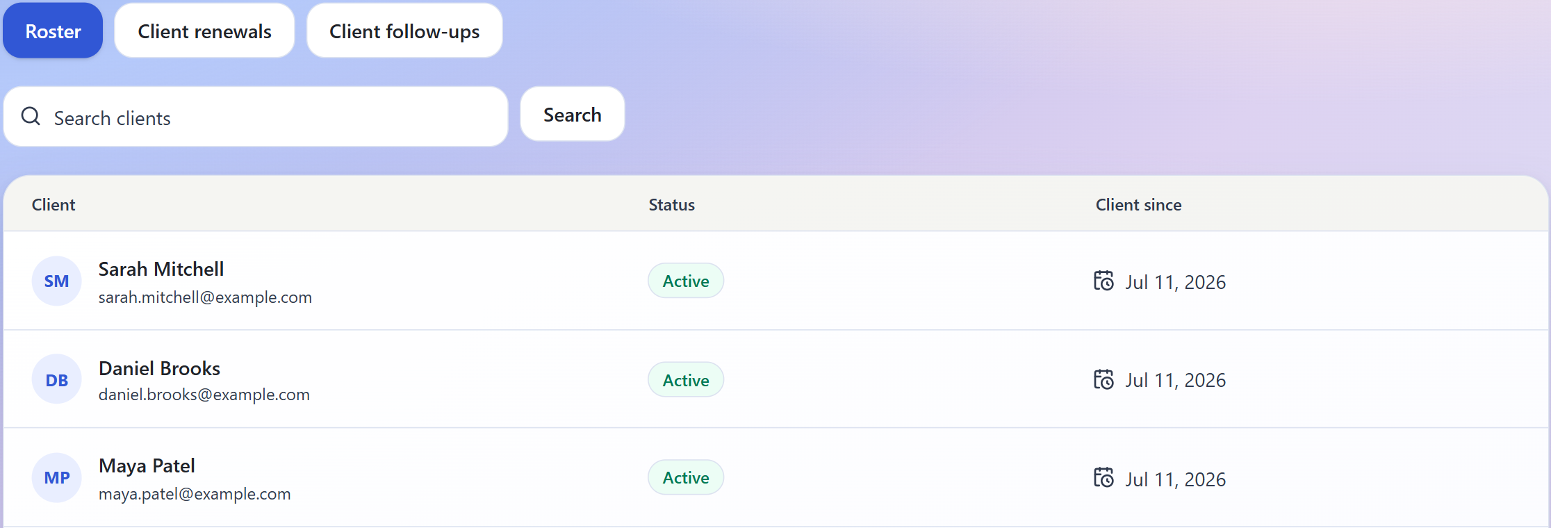 Vorelia client roster showing example client names, active status, and coaching start dates.