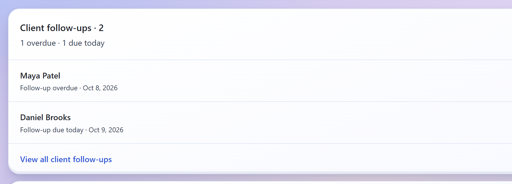 Vorelia Home view showing two example client follow-ups, one overdue and one due today.