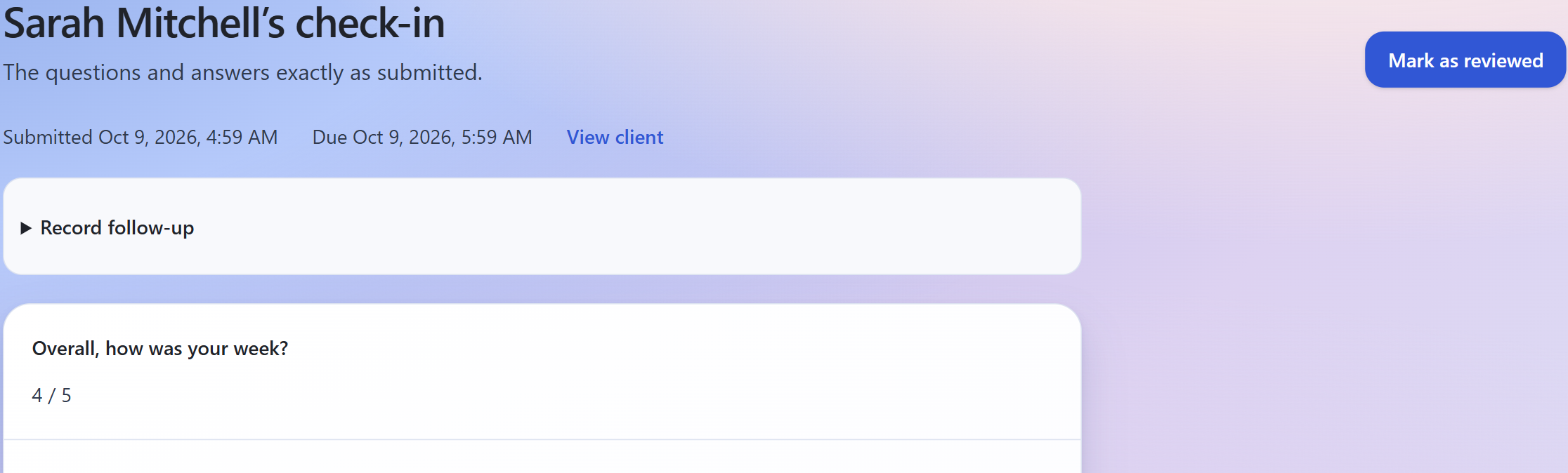 Vorelia check-in review with the submitted answer, submission and due dates, and review and follow-up controls.